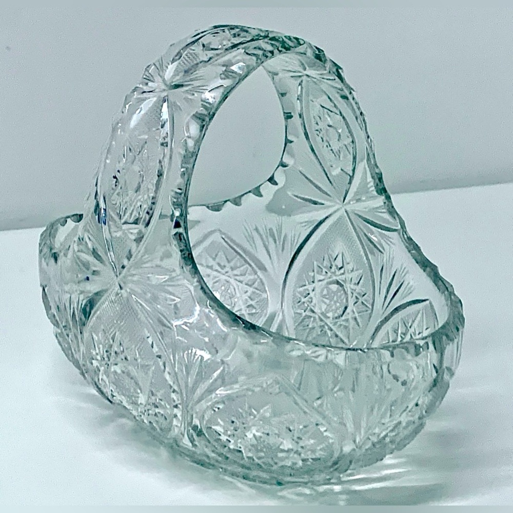 Mid Century Vintage Heavy Lead Cut Crystal Easter Egg Basket Candy Dish